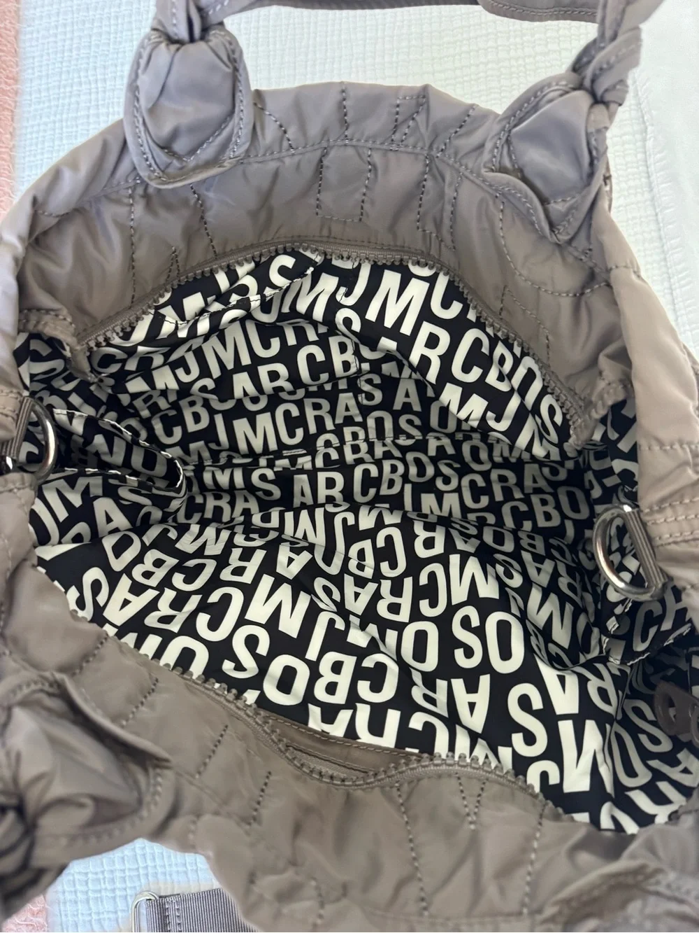 Marc Jacob’s Quilted Nylon diaper Bag in Taupe